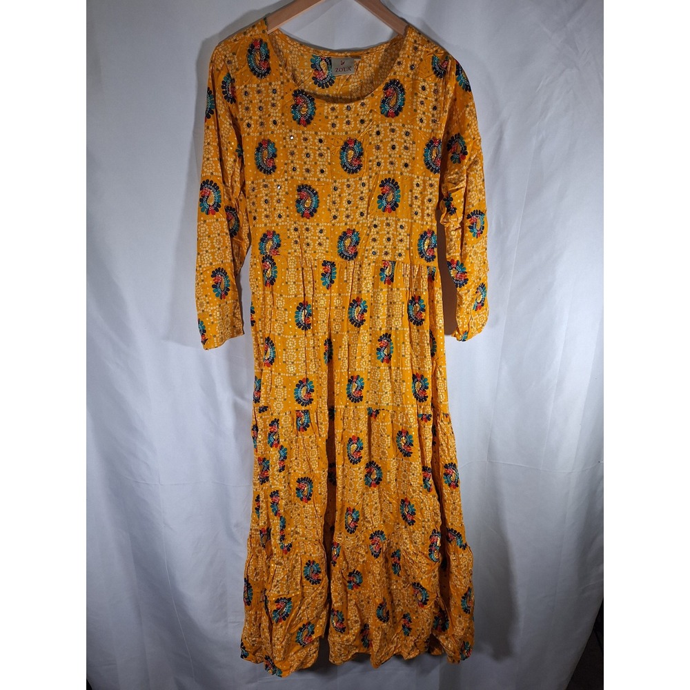 Zola Womens XXL Mustard Yellow Bandhani Paisley Tiered Sequin‎ Maxi Dress Boho